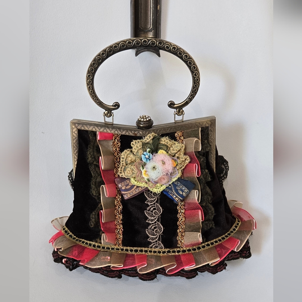 Vintage Designer Black Velvet and Red Handbag